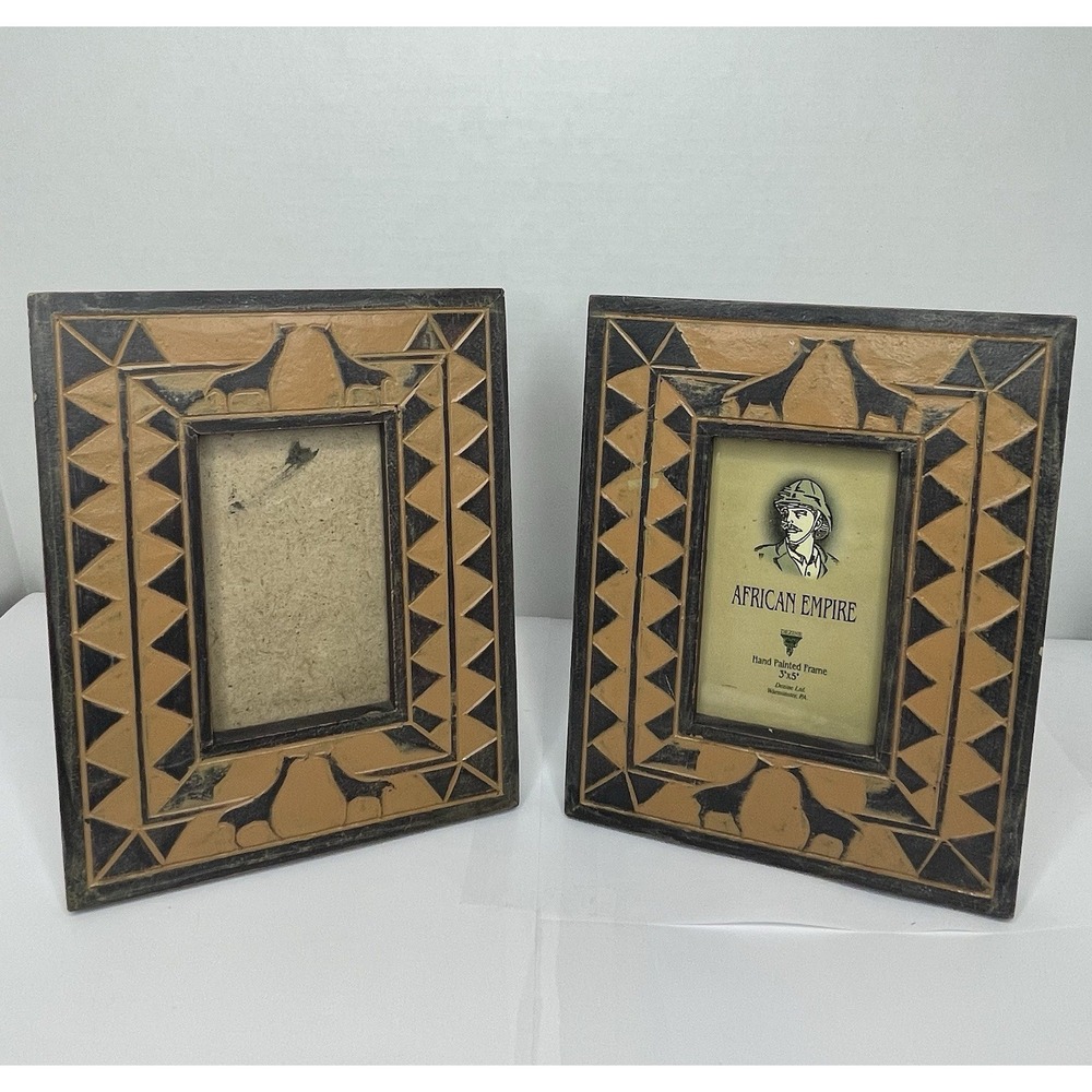 Dezine African Empire Picture Frames Set /2 Carved Hand Painted Giraffes 3" x 5"